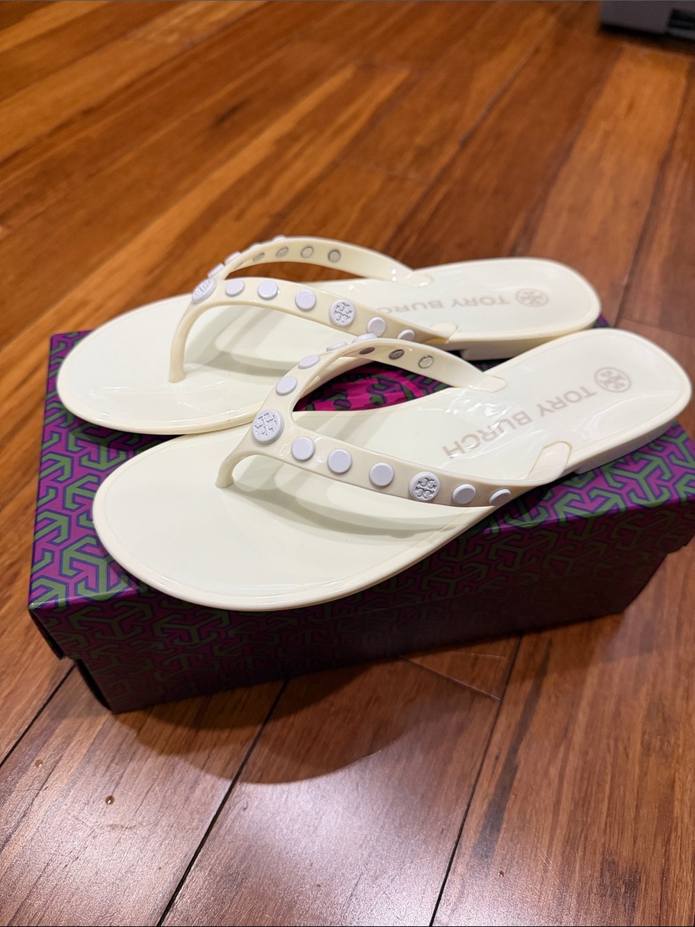 Tory Burch Studded Jelly Thong Sandals ivory